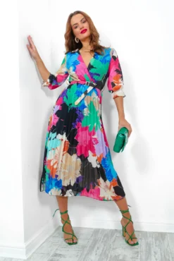 Flirty In Floral - Black Multi Pleated Midi Dress 10 Flirty In Floral - Black Multi Pleated Midi Dress -Glamoros Clothing Shop FlirtyInFloral BlackMultiPleatedMidiDress4