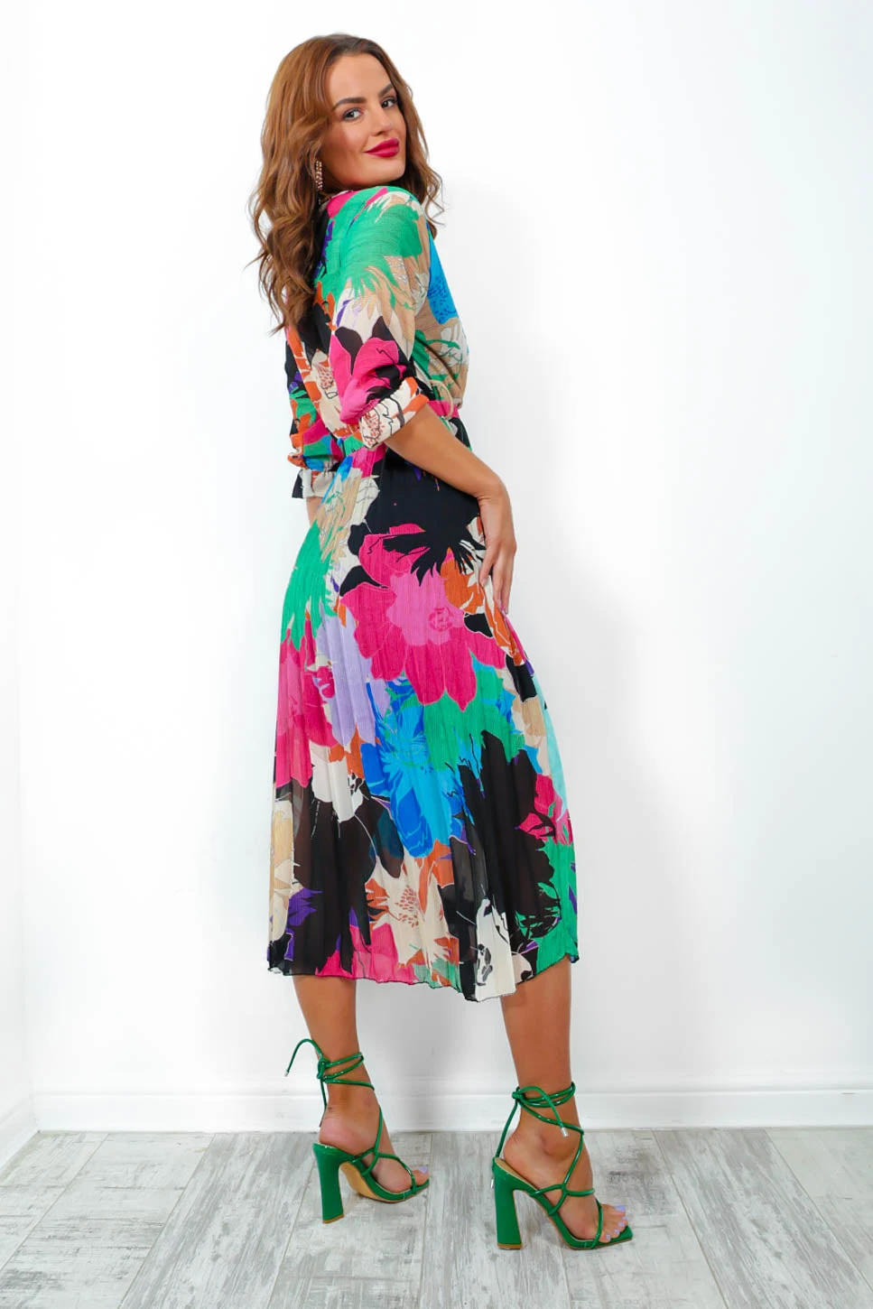 Flirty In Floral - Black Multi Pleated Midi Dress 3 Flirty In Floral - Black Multi Pleated Midi Dress - Image 3