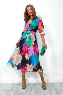 Flirty In Floral - Black Multi Pleated Midi Dress