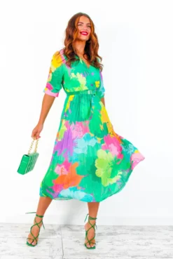 Flirty In Floral - Green Multi Pleated Midi Dress -Glamoros Clothing Shop FlirtyInFloral GreenMultiPleatedMidiDress 2