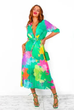 Flirty In Floral - Green Multi Pleated Midi Dress -Glamoros Clothing Shop FlirtyInFloral GreenMultiPleatedMidiDress 6