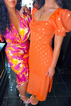 Floral Frenzy - Orange Gold Printed Midi Dress