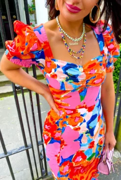 Glamoros Clothing Shop -Glamoros Clothing Shop Floral Frenzy Pink Orange Floral Midi Dress 2 1 1