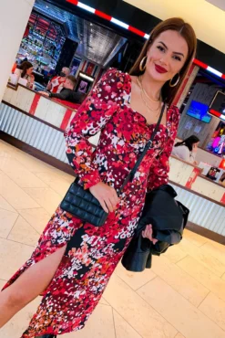 Floral Frenzy - Red Berry Print Midi Dress