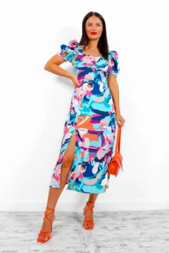Floral Frenzy - Blue Multi Abstract Print Midi Dress -Glamoros Clothing Shop FloralFrenzy BlueMultiAbstractPrintMidiDress1
