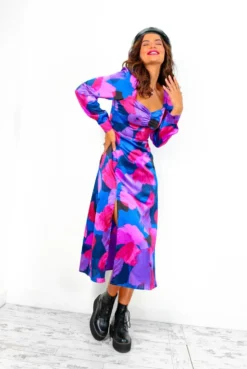 Floral Frenzy - Cobalt Magenta Abstract Midi Dress 9 Floral Frenzy - Cobalt Magenta Abstract Midi Dress -Glamoros Clothing Shop FloralFrenzy CobaltMagentaAbstractMidiDress 1