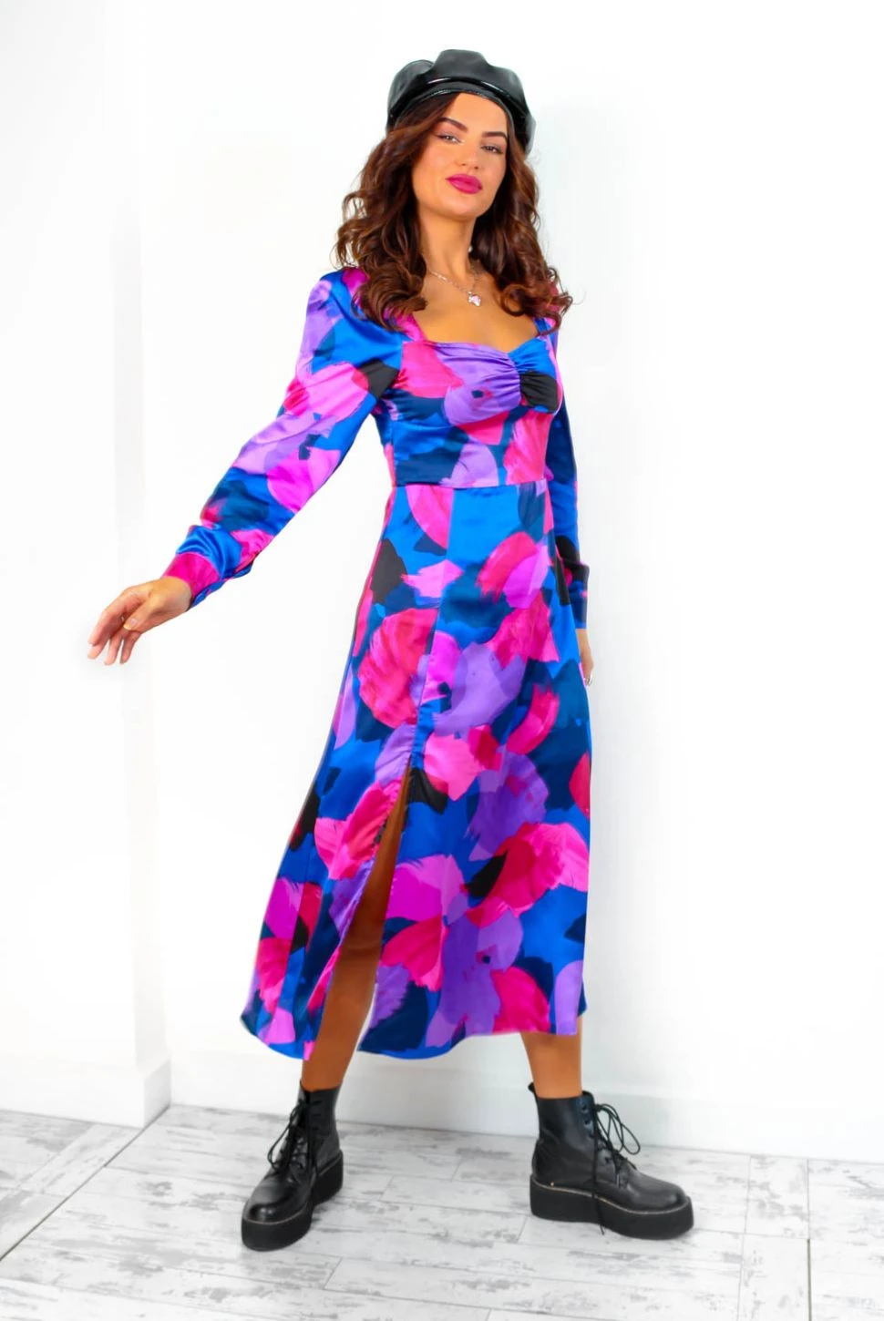 Floral Frenzy - Cobalt Magenta Abstract Midi Dress 6 Floral Frenzy - Cobalt Magenta Abstract Midi Dress - Image 6