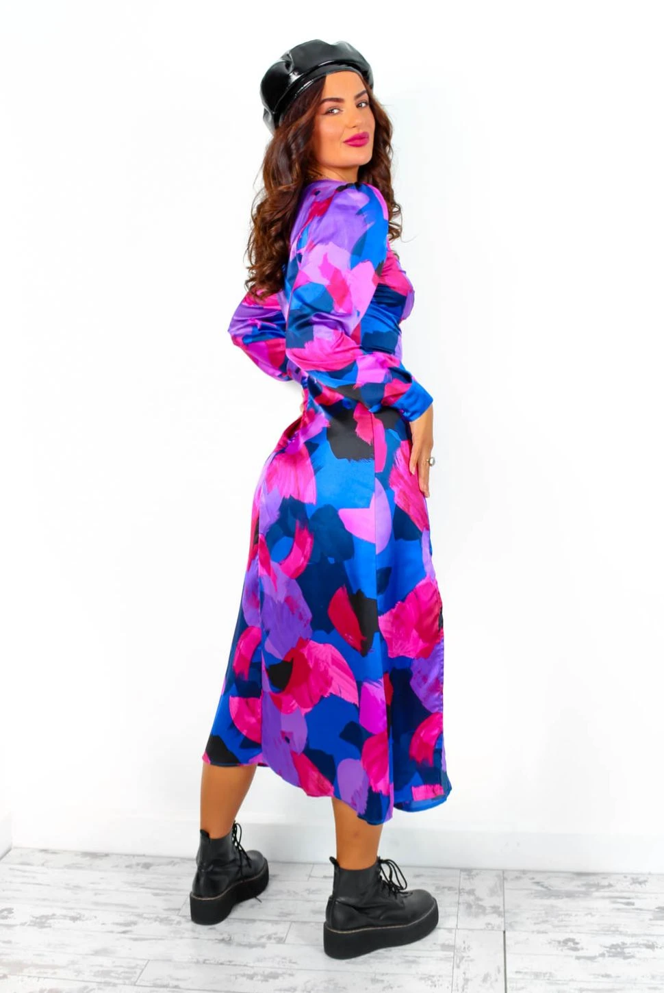 Floral Frenzy - Cobalt Magenta Abstract Midi Dress 5 Floral Frenzy - Cobalt Magenta Abstract Midi Dress - Image 5