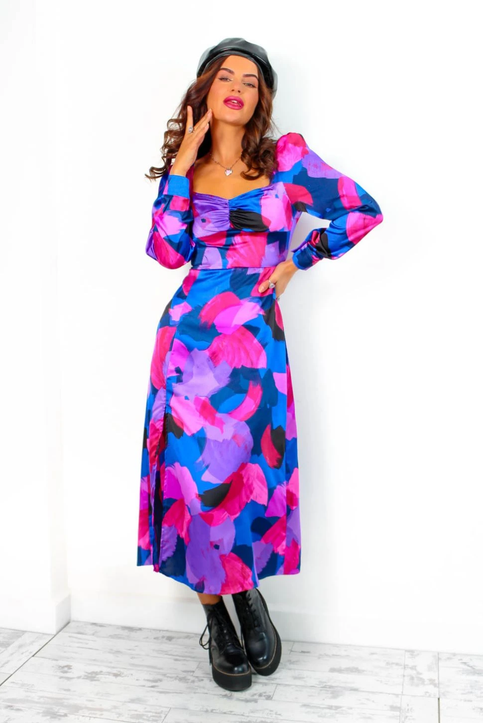 Floral Frenzy - Cobalt Magenta Abstract Midi Dress 3 Floral Frenzy - Cobalt Magenta Abstract Midi Dress - Image 3