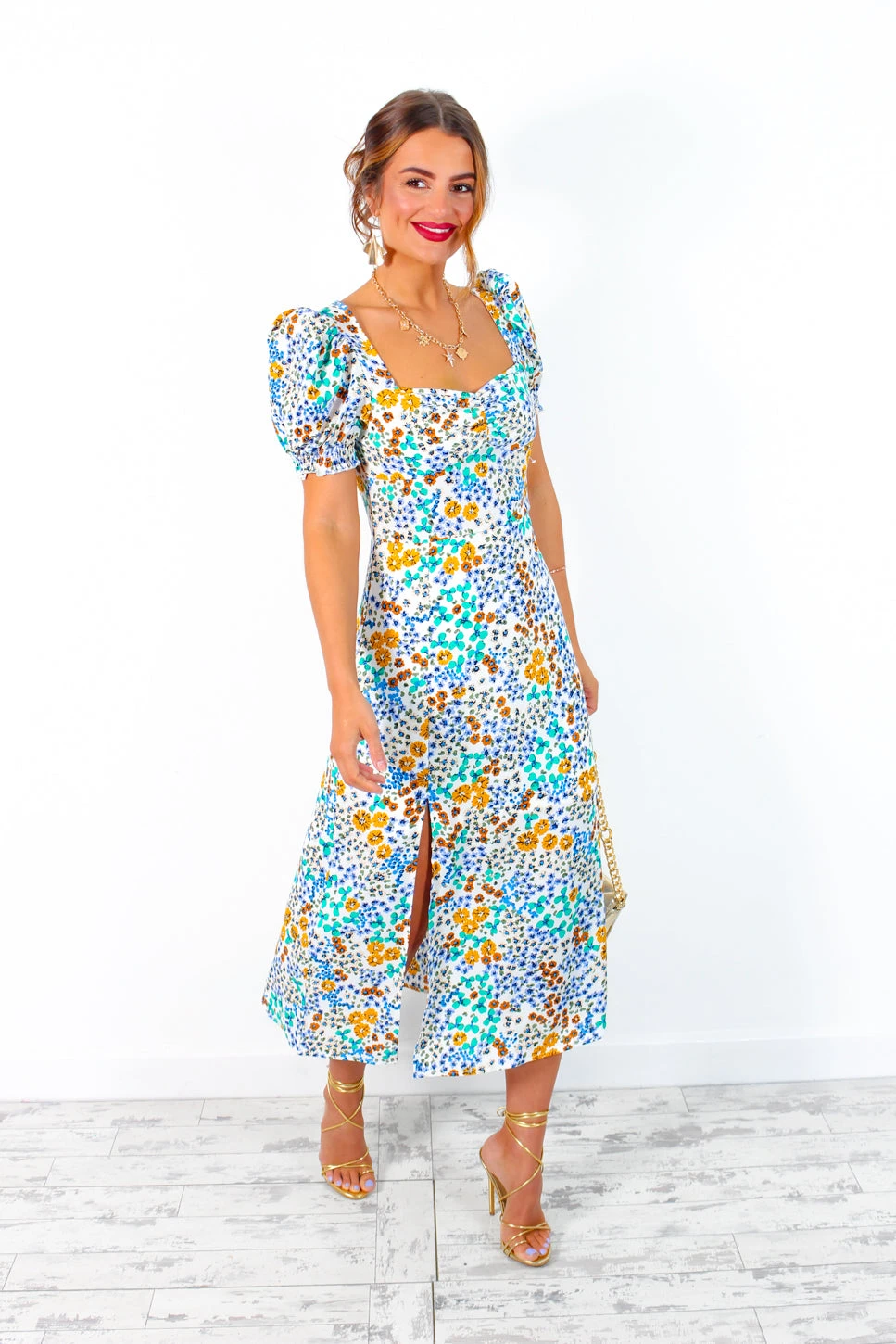 Floral Frenzy - Cream Multi Midi Dress 2 Floral Frenzy - Cream Multi Midi Dress - Image 2