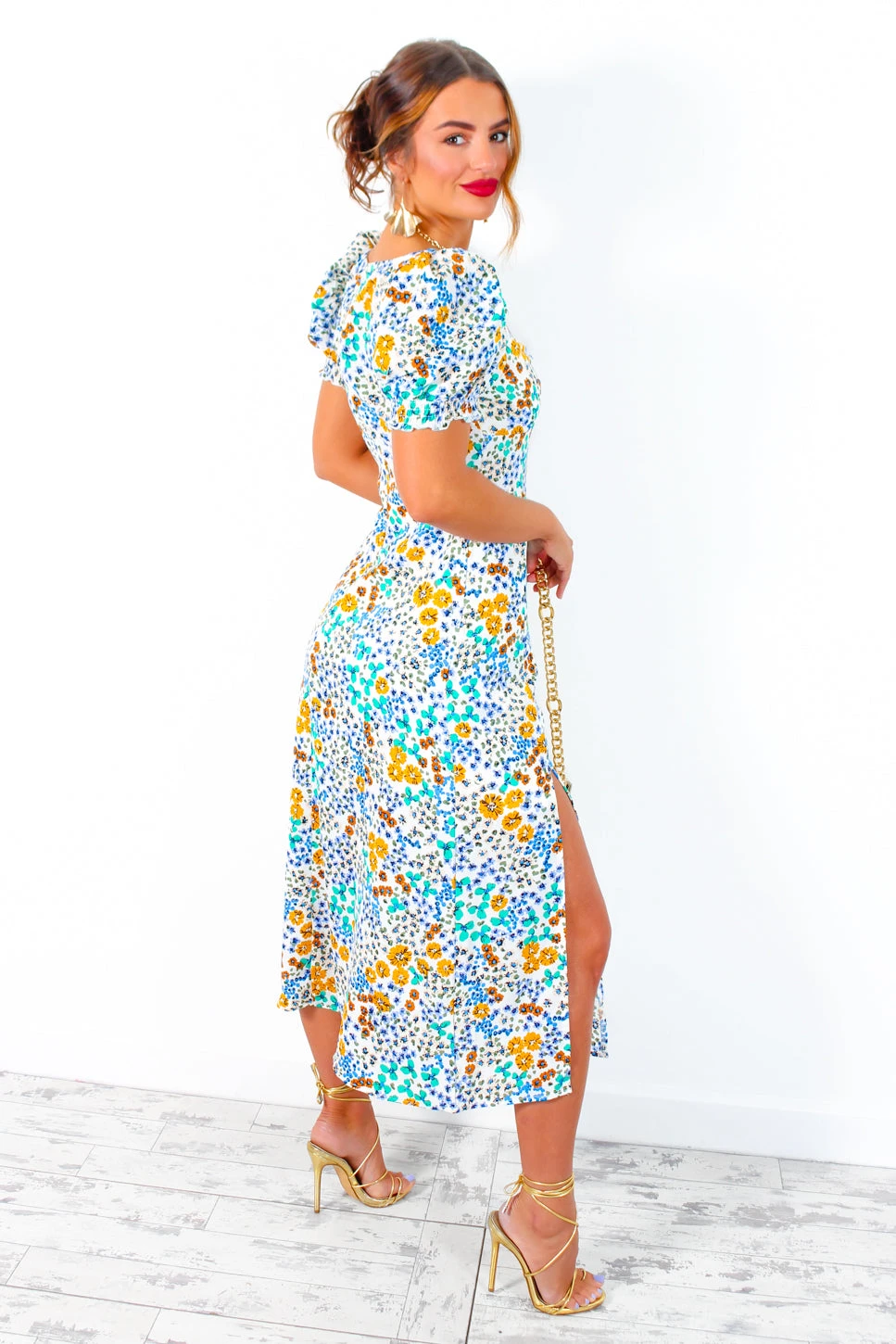 Floral Frenzy - Cream Multi Midi Dress 3 Floral Frenzy - Cream Multi Midi Dress - Image 3