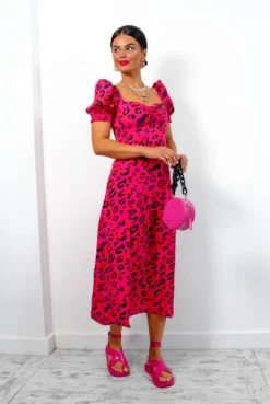 Floral Frenzy - Fuchsia Orange Leopard Midi Dress -Glamoros Clothing Shop FloralFrenzy FuchsiaOrangeLeopardMidiDress3