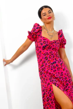 Floral Frenzy - Fuchsia Orange Leopard Midi Dress -Glamoros Clothing Shop FloralFrenzy FuchsiaOrangeLeopardMidiDress4