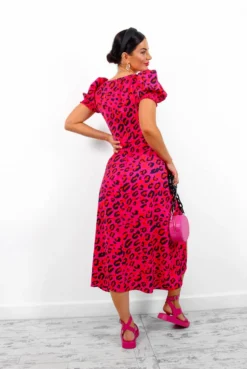 Floral Frenzy - Fuchsia Orange Leopard Midi Dress -Glamoros Clothing Shop FloralFrenzy FuchsiaOrangeLeopardMidiDress5