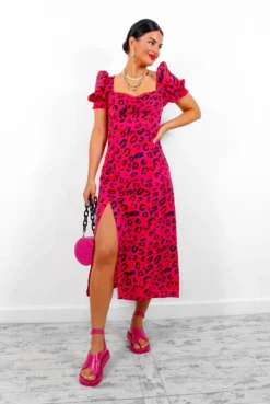 Floral Frenzy - Fuchsia Orange Leopard Midi Dress -Glamoros Clothing Shop FloralFrenzy FuchsiaOrangeLeopardMidiDress6