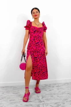 Floral Frenzy - Fuchsia Orange Leopard Midi Dress -Glamoros Clothing Shop FloralFrenzy FuchsiaOrangeLeopardMidiDress7