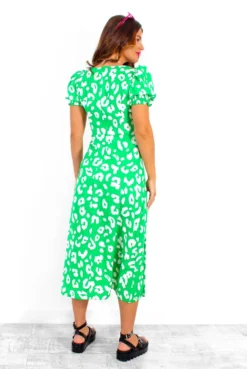 Floral Frenzy - Green Leopard Print Midi Dress -Glamoros Clothing Shop FloralFrenzy GreenLeopardPrintMidiDress 1