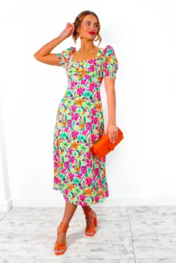 Floral Frenzy - Green Pink Multi Floral Print Midi Dress 14 Floral Frenzy - Green Pink Multi Floral Print Midi Dress -Glamoros Clothing Shop FloralFrenzy GreenPinkMultiFloralPrintMidiDress 1