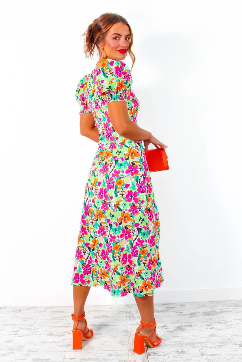 Floral Frenzy - Green Pink Multi Floral Print Midi Dress 8 Floral Frenzy - Green Pink Multi Floral Print Midi Dress - Image 8