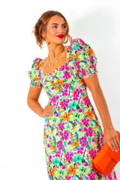 Floral Frenzy - Green Pink Multi Floral Print Midi Dress 12 Floral Frenzy - Green Pink Multi Floral Print Midi Dress -Glamoros Clothing Shop FloralFrenzy GreenPinkMultiFloralPrintMidiDress 5
