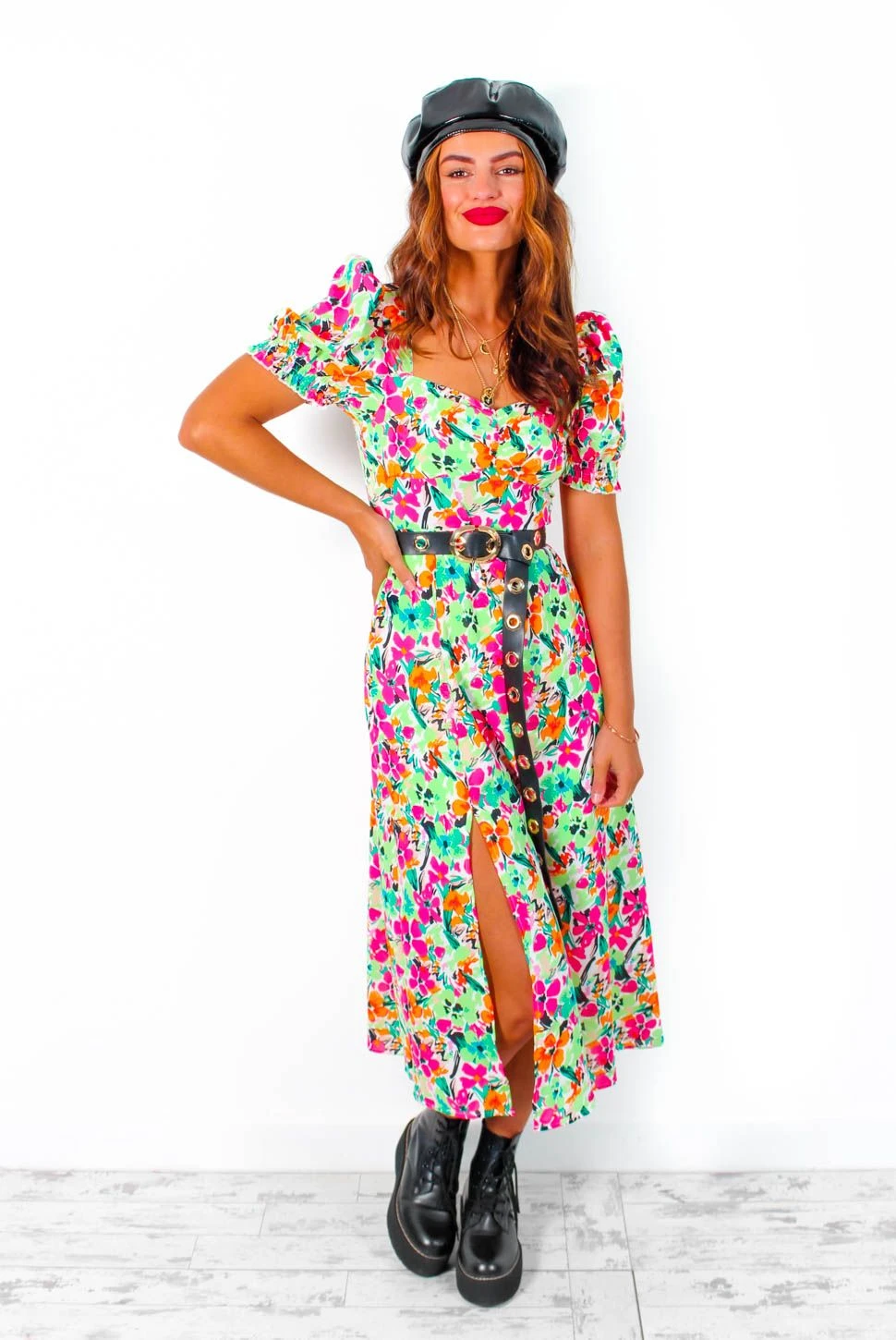 Floral Frenzy - Green Pink Multi Floral Print Midi Dress 1 Floral Frenzy - Green Pink Multi Floral Print Midi Dress