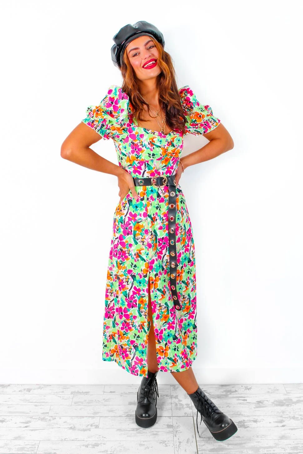 Floral Frenzy - Green Pink Multi Floral Print Midi Dress 3 Floral Frenzy - Green Pink Multi Floral Print Midi Dress - Image 3