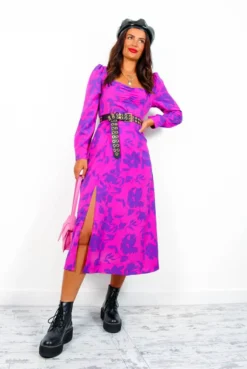 Floral Frenzy - Magenta Purple Floral Midi Dress -Glamoros Clothing Shop FloralFrenzy MagentaPurpleFloralMidiDress1