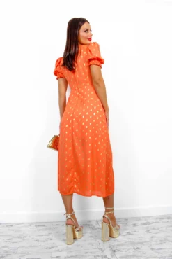 Floral Frenzy - Orange Gold Printed Midi Dress -Glamoros Clothing Shop FloralFrenzy OrangeGoldPrintedMidiDress 1