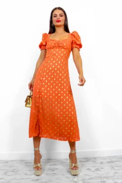 Floral Frenzy - Orange Gold Printed Midi Dress -Glamoros Clothing Shop FloralFrenzy OrangeGoldPrintedMidiDress 5