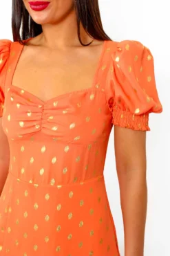 Floral Frenzy - Orange Gold Printed Midi Dress -Glamoros Clothing Shop FloralFrenzy OrangeGoldPrintedMidiDress 6