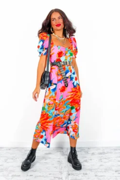 Floral Frenzy - Pink Orange Floral Midi Dress -Glamoros Clothing Shop FloralFrenzy PinkOrangeFloralMidiDress 5