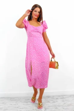 Floral Frenzy - Pink Polka Dot Midi Dress 9 Floral Frenzy - Pink Polka Dot Midi Dress -Glamoros Clothing Shop FloralFrenzy PinkPolkaDotMidiDress2