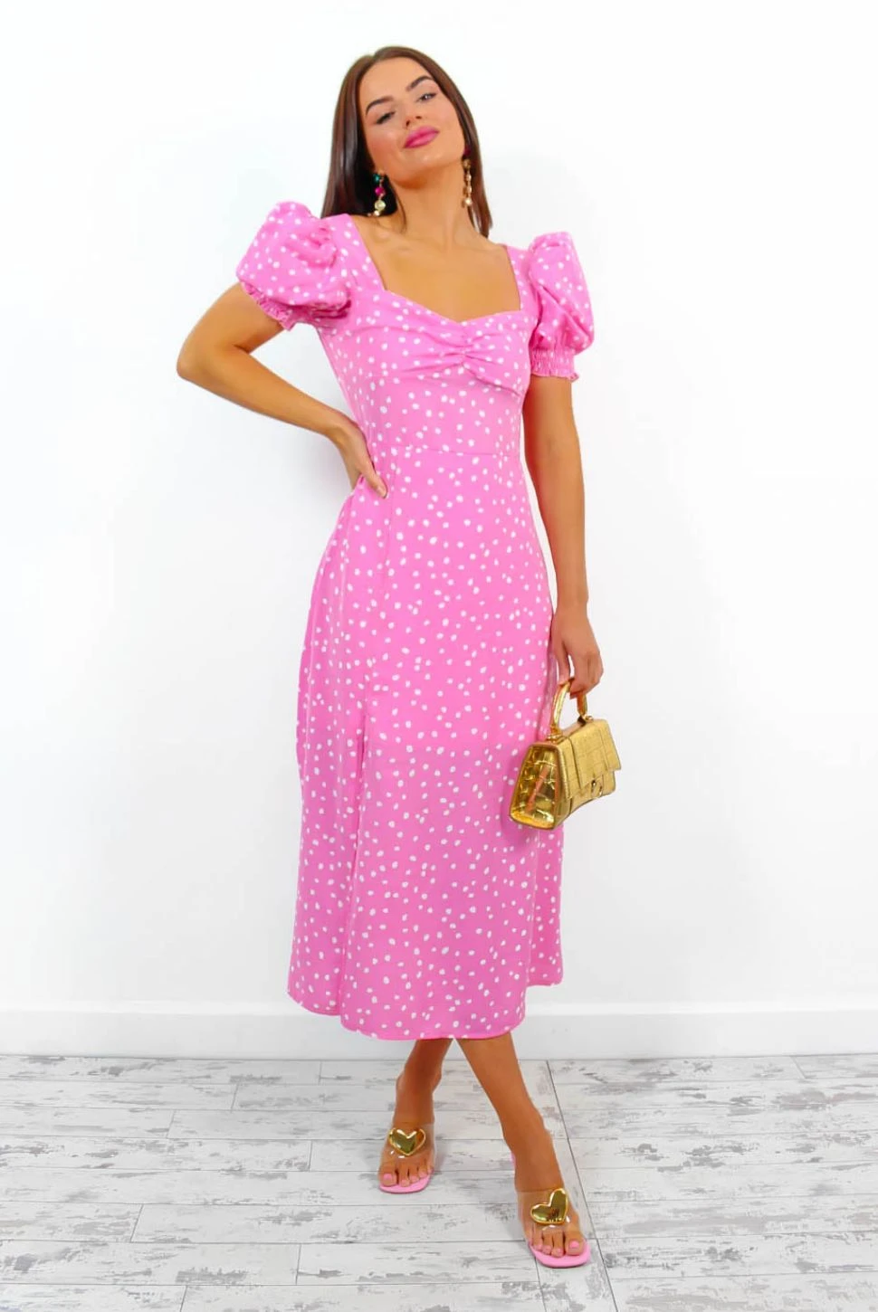 Floral Frenzy - Pink Polka Dot Midi Dress 1 Floral Frenzy - Pink Polka Dot Midi Dress