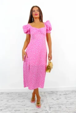 Floral Frenzy - Pink Polka Dot Midi Dress 10 Floral Frenzy - Pink Polka Dot Midi Dress -Glamoros Clothing Shop FloralFrenzy PinkPolkaDotMidiDress4