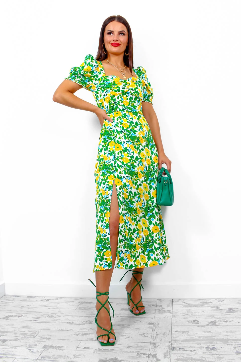Floral Frenzy - Yellow Multi Floral Midi Dress 2 Floral Frenzy - Yellow Multi Floral Midi Dress - Image 2