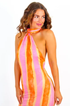 Focus On Me - Orange Pink Stripe One Shoulder Maxi Dress -Glamoros Clothing Shop FocusOnMe OrangePinkStripeOneShoulderMaxiDress