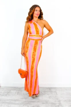 Focus On Me - Orange Pink Stripe One Shoulder Maxi Dress -Glamoros Clothing Shop FocusOnMe OrangePinkStripeOneShoulderMaxiDress 2