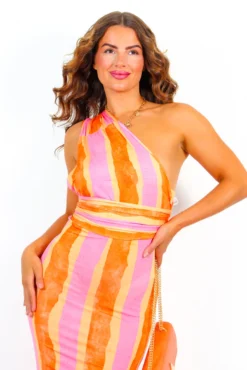Focus On Me - Orange Pink Stripe One Shoulder Maxi Dress -Glamoros Clothing Shop FocusOnMe OrangePinkStripeOneShoulderMaxiDress 4