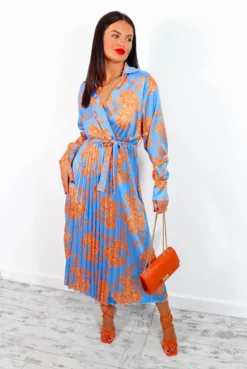 Catwalk Fool For Floral - Blue Orange Pleated Midi Dress
