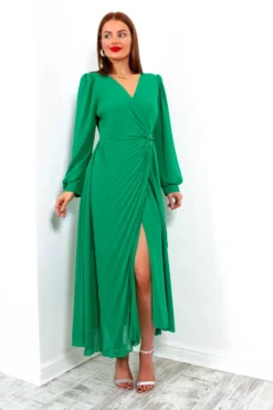 For The Fame - Green Pleated Midi Wrap Dress 13 For The Fame - Green Pleated Midi Wrap Dress -Glamoros Clothing Shop ForTheFame GreenPleatedMidiWrapDress1