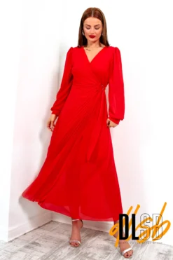 For The Fame - Red Pleated Wrap Midi Dress -Glamoros Clothing Shop ForTheFame RedPleatedWrapMidiDress3