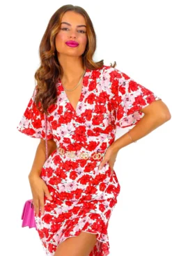 Forever Flirty - Red Pink Floral Midi Dress -Glamoros Clothing Shop ForeverFlirty RedPinkFloralMidiDress 4