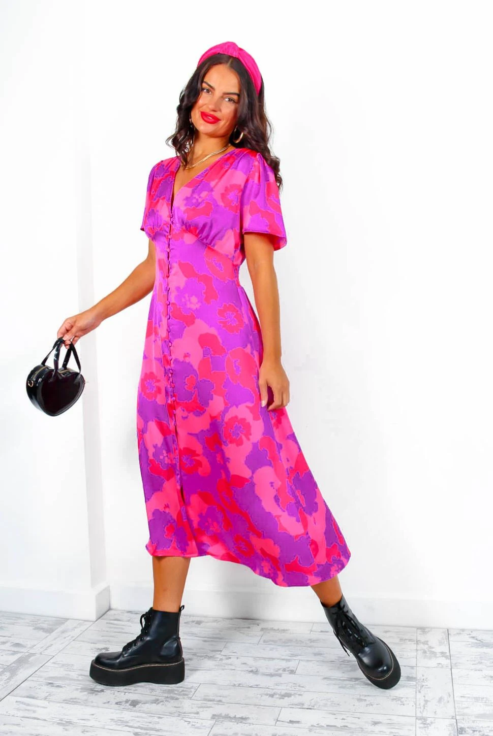 Forget Me Not - Pink Purple Floral Midi Dress 2 Forget Me Not - Pink Purple Floral Midi Dress - Image 2