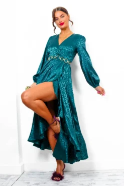 Frilled To Be Here - Forest Leopard Jacquard Midi Wrap Dress