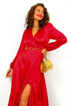 Frilled To Be Here - Red Leopard Jacquard Midi Wrap Dress -Glamoros Clothing Shop FrilledToBeHere RedLeopardJacquardMidiWrapDress 5