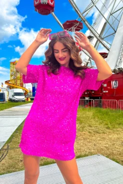 New Release -Glamoros Clothing Shop Glow Get It Pink Sequin Mini T Shirt Dress 1