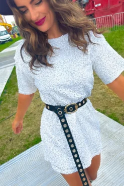 Glow Get It - White Sequin Mini T-Shirt Dress