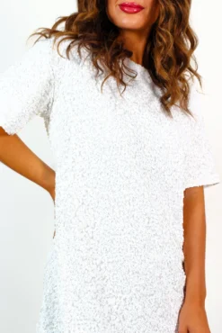 Glow Get It - White Sequin Mini T-Shirt Dress 17 Glow Get It - White Sequin Mini T-Shirt Dress -Glamoros Clothing Shop GlowGetIt WhiteSequinMiniT ShirtDress 1