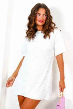Glow Get It - White Sequin Mini T-Shirt Dress 13 Glow Get It - White Sequin Mini T-Shirt Dress -Glamoros Clothing Shop GlowGetIt WhiteSequinMiniT ShirtDress 6