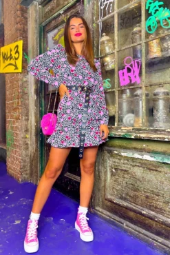 Good Vibes Only - Monochrome Pink Heart Print Mini Dress